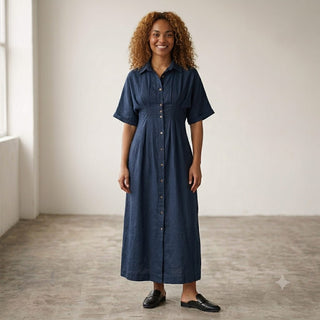 Tanya Tuck Shirt Dress Navy 100% Linen
