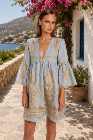 Fearther Bell Slv Lgrey/Gold Short Dress