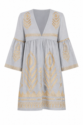 Feather Bell Slv Lgrey/Gold Short Dress