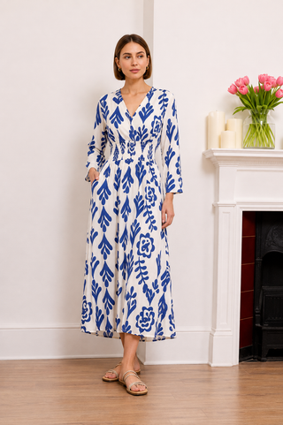 Rachel Wrap Midi Dress White/Royal Blue