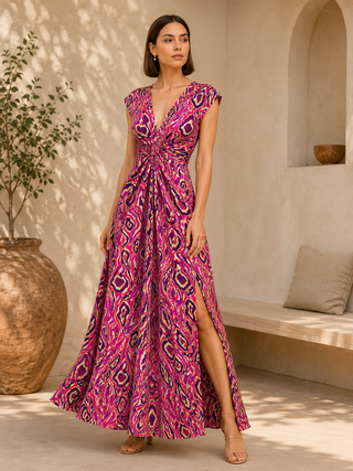 Leanna Short/Slve Knotted Dress Fuschia/Purple