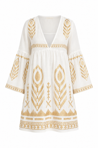 Feather Bell Slv White/gold Short Dress