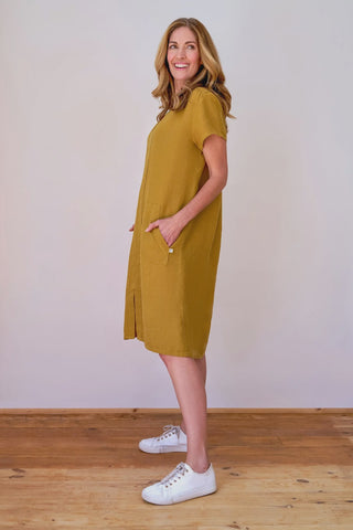 Abby Linen Moss Dress w V-front