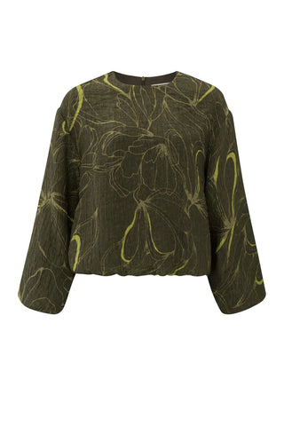 Printed d.army green top w balloon sleeves