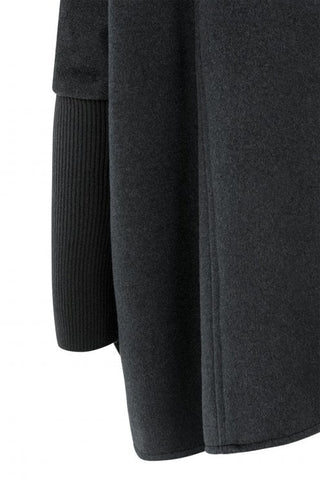 Oyster Blk Wool Mix Poncho w Ribbed Slv
